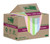 Post-it Super Sticky 100% Recycled Notes Assorted Colours 76 x 76 mm, 70 Sheets Per Pad, Pack 12, shown in eco-friendly packaging with colorful notes inside.