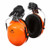 CW Office 3M PELTOR Earmuffs Orange Helmet Mounted H31P3E 300, orange safety earmuffs with black padding and helmet attachment for hearing protection.