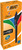 CW Office BIC 4 Colours Black Barrel Pro Ball Pen Pack of 12, packaging featuring a black pen with colored ink indicators, vibrant orange, green, blue, red, and black design elements, and certification logos.