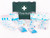 CW Office Blue Dot HSE Standard 1-50 Person First-Aid Kit Complete, portable green first aid box with white cross symbol, surrounded by assorted medical supplies including bandages, gauze, and wound dressings.