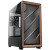 Various Antec FLUX Mid Tower PC Case, front view showing tempered glass door with black and wood design, built-in 5 PWM fans, USB-C port, compatible with E-ATX, ATX, mATX, and ITX motherboards.