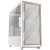Various Antec FLUX Mid Tower PC Case, sleek white with tempered glass side panel, wood accents, equipped with 5 PWM fans, USB-C port, compatible with E-ATX, ATX, mATX, and ITX motherboards.