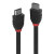 Various Lindy 36772 2m 8K60Hz HDMI Cable, Black Line, close-up view of the black HDMI cable with red accents showing connectors for high-definition video and audio transfer.
