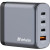 Various Verbatim GNC-140 GaN Charger 140W, compact electrical charger with multiple ports including 2 USB-C PD 140W, 1 USB-C PD 20W, and 1 USB-A QC 3.0, suitable for EU, UK, and US power outlets.