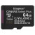 Various Kingston Canvas Select Plus SDCS3/64GB 64GB Micro SD UHS-I (U1) Flash Card with Adapter, close-up of the black memory card with white text displaying specifications and brand logo