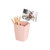 CW Office Cep Mineral Pencil Cup Pink, pink pencil holder with five colored pencils and a photo clip holding a picture of a dog and a cat.