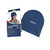 CW Office Deflecto Reusable Cool/Heat Cap BLU, full coverage ice cap in blue color with logo, designed for cold and hot weather, shown alongside its packaging.