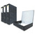 CW Office Q-Connect Box File FC Cloud PK10, black marble patterned storage box with lid and 3 black binders.