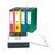 CW Office Q-Connect 75MM Box File FC Green PK5, set of four colorful plastic document storage boxes in red, yellow, blue, and green with labels and circular finger holes.