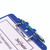 CW Office Snopake Clip Board With Pen Holder A4 Blue, close-up of a blue clipboard with a pen holder and a pen attached.