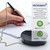 CW Office Fellowes Ballpoint Pen/Chain Black, black ballpoint pen with chain, used on a white paper surface, next to a microbe protection device.