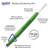 CW Office Swash Handwriting Pens Black 300, a green handwriting pen with a triangular grip and ventilated lids, illustrated with labeled features such as indestructible barrels, bonded end caps, and pressure-resistant nibs for smooth handwriting with a 14-day cap-off time.