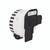 CW Office DK22225 PPR Label BLK On Wh, close-up of a black and white printer label roll with black markings and a black label attachment for printing and labeling.
