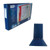 CW Office Elba Vision 4D Rbndr 30MM A3 Obl BLU, a blue binder with a metal ring mechanism and a box of similar binders for office and organizational use.