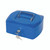 CW Office Q-Connect Blue 8 Inch Cash Box, a vibrant blue metal cash storage box with a secure key lock and a sturdy handle for easy transport.