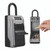 CW Office Master Lock Key Lock Box + Shackle, a gray security lock box with a combination lock, shackle, and a person holding a key to store multiple keys securely.