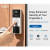 CW Office TP-Link Tapo D210 Video Doorbell Camera, 2K battery-powered video doorbell mounted beside a wooden door as a finger presses the button, shown in a product advertisement highlighting enhanced home security.