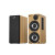 CW Office Genius SP-HF1220BT 45W RMS Bluetooth 2-Way Wood Speakers, pair of desktop speakers with a black fabric grille and a wood-finish speaker showing its drivers