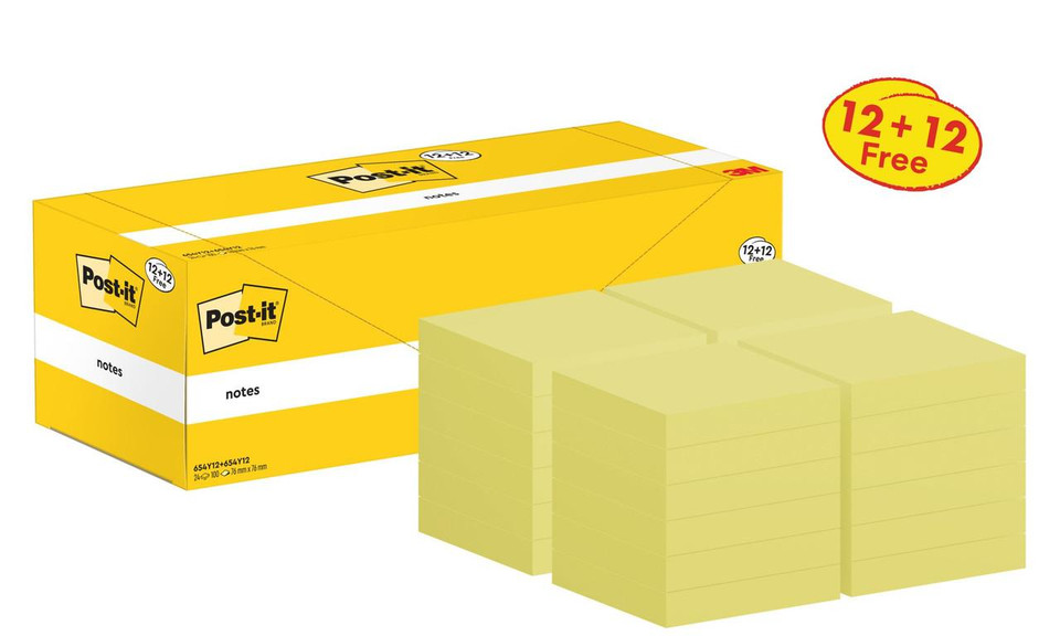 Post-itÃ‚Â® Notes Canary Yellow 76 mm x 76 mm Promo Pack 100 Sheets/Pad 12 + 12 FREE Pads/Pack Cardboard Pack 100% PEFC SGSCH-PEFC-COC-110078 - -