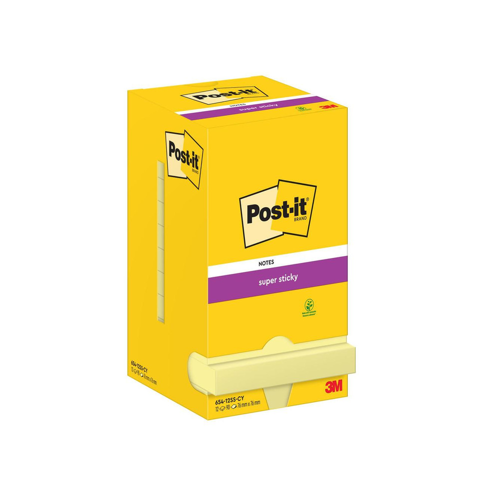 Post-itÃ‚Â® Super Sticky Notes Canary Yellow 76 mm x 76 mm 90 Sheets/Pad 12 Pads/Pack Cardboard Pack 100% PEFC SGSCH-PEFC-COC-110078 - Sticky Notes - 