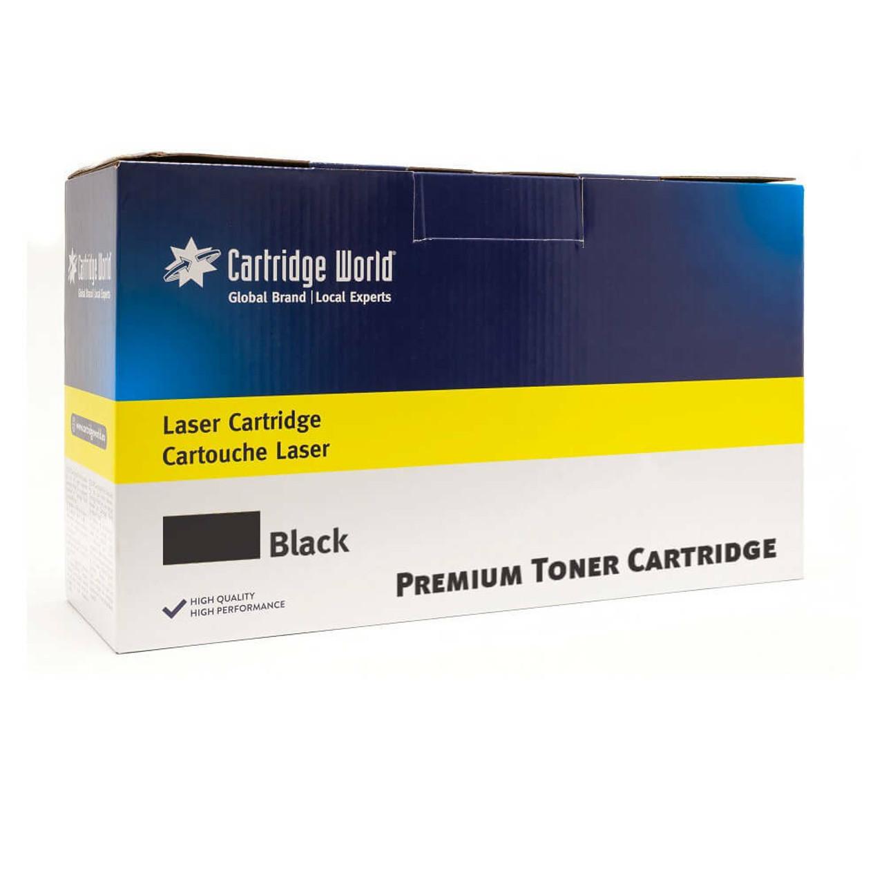 Cartridge World Compatible Kyocera TK3430 Black Toner Cartridge, product packaging with blue, yellow, and white design elements, labeled as premium toner cartridge for laser printers.