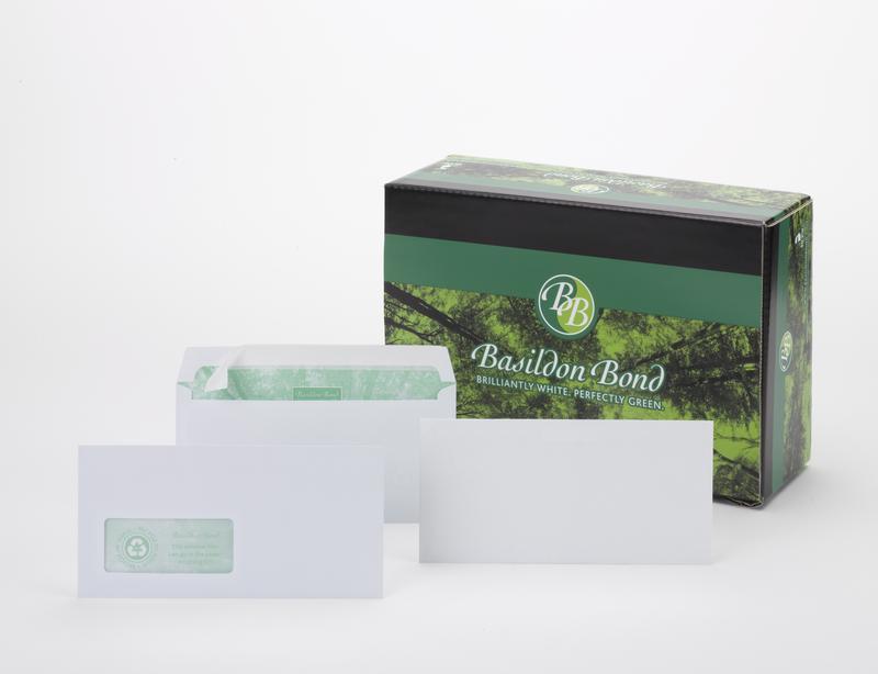 CW Office Basildon Bond P&S WT DL PK500, a pack of 500 white writing pads or envelopes with green accents in a box, with an open envelope and a sealed envelope displayed in front.