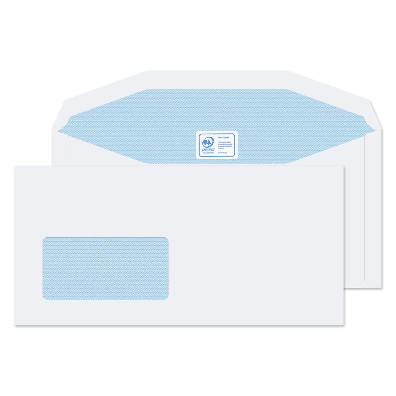 CW Office Everyday DL+ White Win Gum 90gsm PK1000, white business envelopes with transparent windows used for mailing documents.