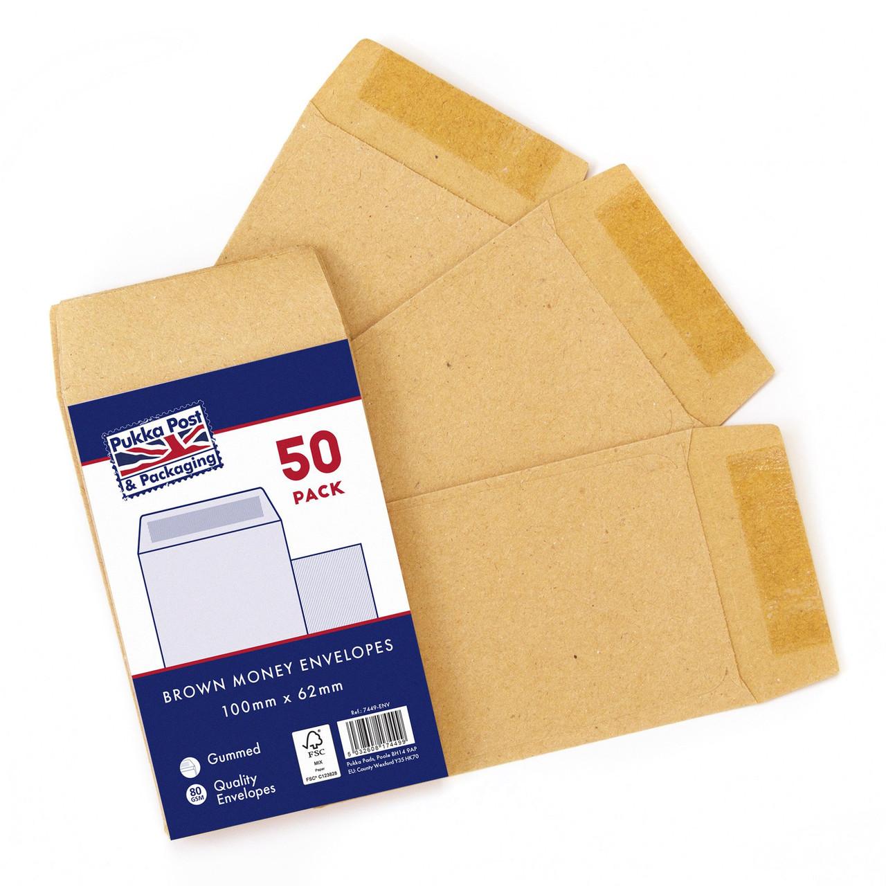 CW Office Pukka Money Envelopes Man 100x62mm PK50, brown gummed money envelopes for cash handling and banking.