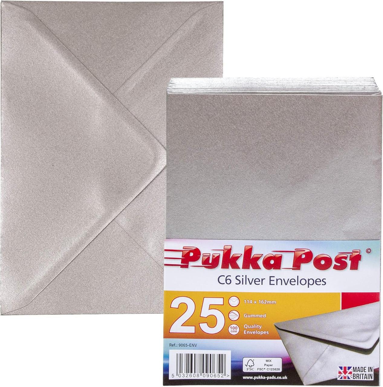 CW Office Pukka Post C6 Silver Envelopes Pack 25, silver gummed envelopes for mailing.