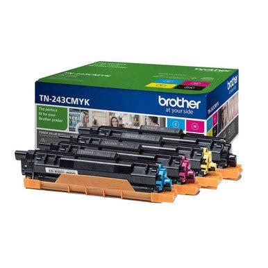 Brother TN-243CMYK Toner Cartridge Original Black, Cyan, Magenta, Yellow, printer toner cartridges with colorful toner sections, in front of a green and blue packaging box.