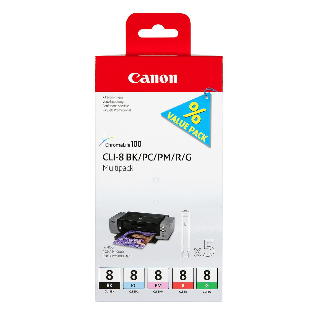 Canon CLI8 Black Cyan Magenta Red Green Standard Capacity Ink Cartridge 5 x 13ml Multipack - 0620B027
