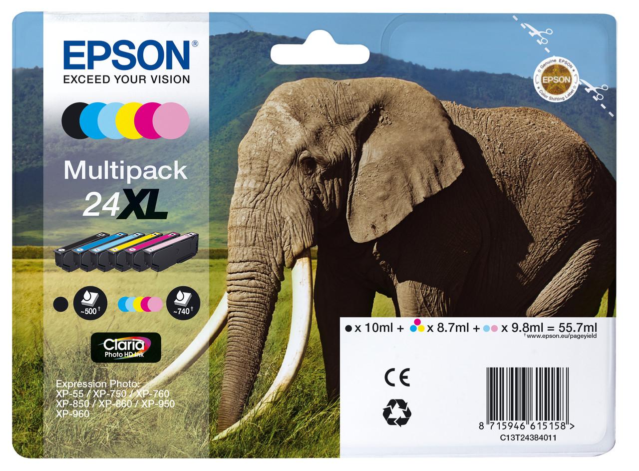 Epson 24XL Elephant Black CMY Colour High Yield Ink Cartridge 10ml 3 x 9ml 2 x 10ml - C13T24384011