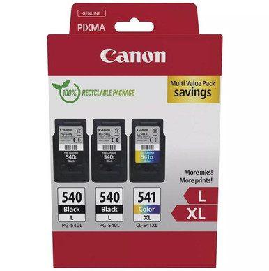 Canon PG-540L/CL-541XL High Capacity 3 Ink Cartridge Multipack, image of three ink cartridges in black and color for Canon printers in original packaging.