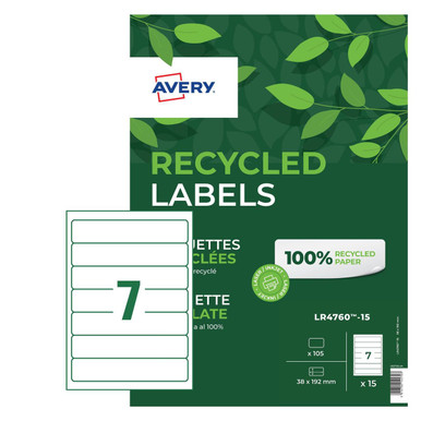Avery Recycled Filing Label Lever Arch File 192x38mm 7 Per A4 Sheet White (Pack 105 Labels) LR4760-15 - Filing Labels - Recycled Labels