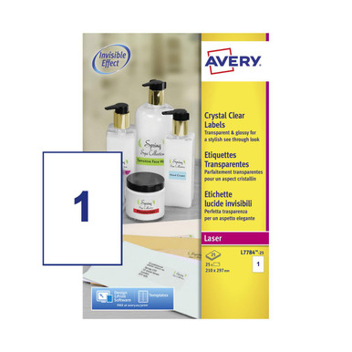 Avery Laser Label 210x297mm 1 Per A4 Sheet Crystal Clear (Pack 25 Labels) L7784-25 -
