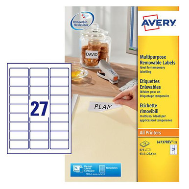 Avery Multipurpose Mini Removable Label 63.5x29.6mm 27 Per A4 Sheet White (Pack 675 Labels) L4737REV-25 - Removable Labels - Multipurpose Labels