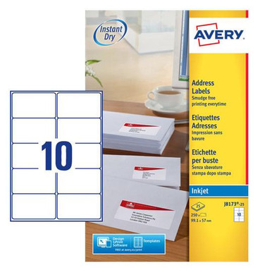 Avery Inkjet Address Label 99x57mm 10 Per A4 Sheet White (Pack 250 Labels) J8173-25 - Address Labels - Inkjet Labels