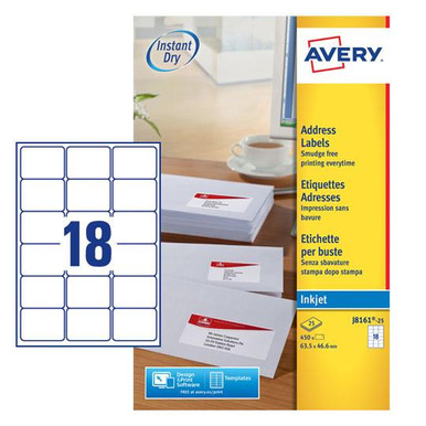 Avery Inkjet Address Label 63.5x46.6mm 18 Per A4 Sheet White (Pack 450 Labels) J8161-25 - Address Labels - Inkjet Labels