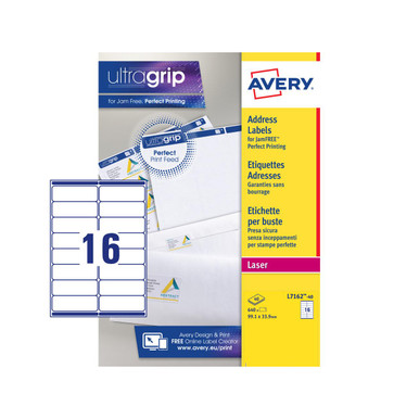 Avery Laser Address Label 99.1x33.9mm 16 Per A4 Sheet White (Pack 640 Labels) L7162-40 - Address Labels - Laser Labels