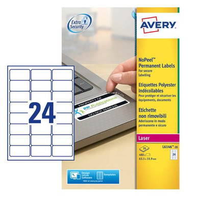 Avery Laser NoPeel Anti-Tamper Permanent Label 63.5x34mm 24 Per A4 Sheet White (Pack