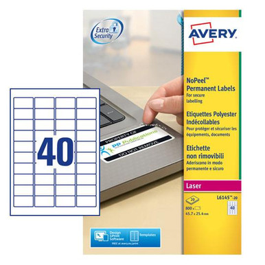 Avery Laser NoPeel Anti-Tamper Permanent Label 45.7x25mm 40 Per A4 Sheet White (Pack