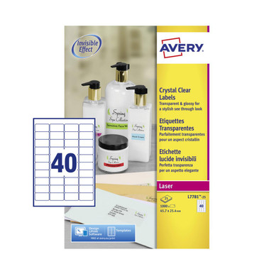Avery Laser Label 45.7x25.4mm 40 Per A4 Sheet Crystal Clear (Pack 1000 Labels) L7781-25 - Laser Labels - Clear Labels