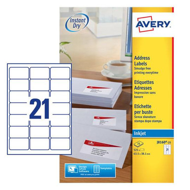 Avery Inkjet Address Label 63.5x38.1mm 21 Per A4 Sheet White (Pack 525 Labels) J8160-25 - Inkjet Labels - Address Labels