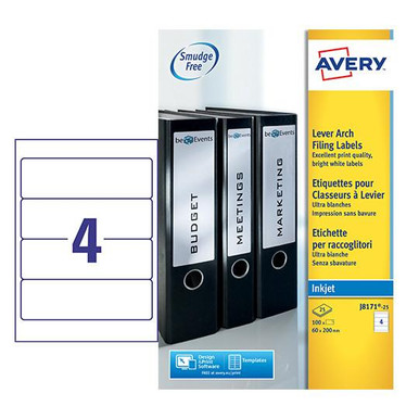 Avery Inkjet Filing Label Lever Arch File 200x60mm 4 Per A4 Sheet White ...