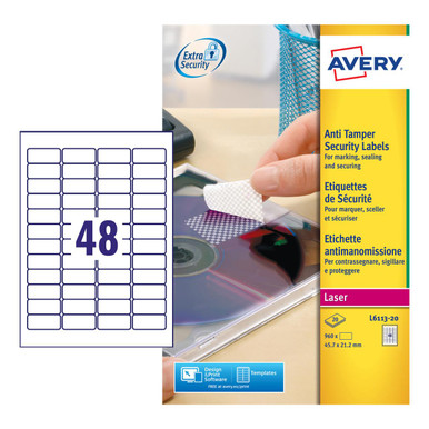 Avery Laser NoPeel Anti-Tamper Permanent Label 46x21mm 48 Per A4 Sheet White (Pack 96