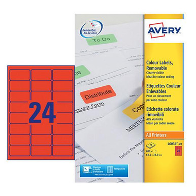 Avery Coloured Label 63.5x34mm 24 Per A4 Sheet Red (Pack 480 Labels) L6034-20 - Colou