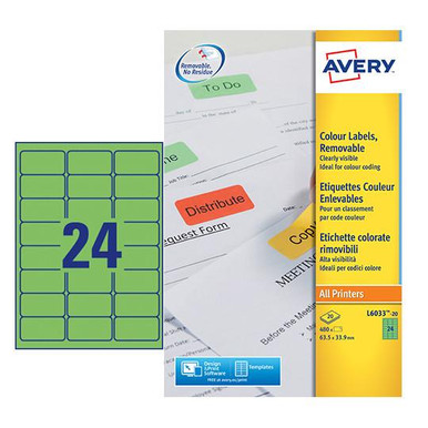 Avery Coloured Label 63.5x34mm 24 Per A4 Sheet Green (Pack 480 Labels) L6033-20 - Col