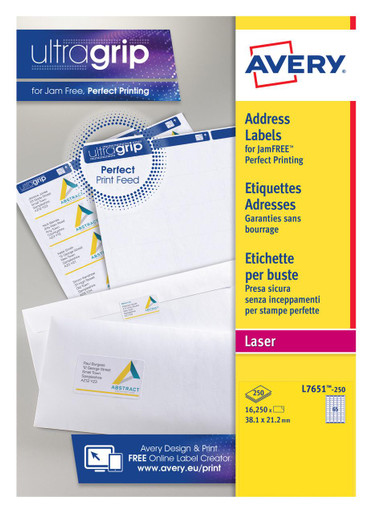 Avery Laser Mini Label 38x21mm 65 Per A4 Sheet White (Pack 16250 Labels) L7651-250 - Mini Labels - Laser Printer Labels