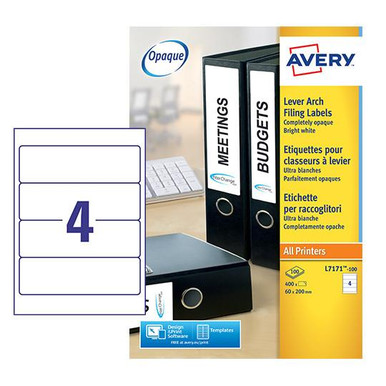 Avery Laser Filing Label Lever Arch File 200x60mm 4 Per A4 Sheet White