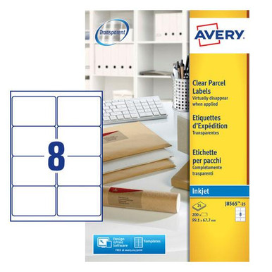 Avery Inkjet Address Label 99.1x67.7mm 8 Per A4 Sheet Clear (Pack 200 Labels) J8565-25 - Parcel Labels - Inkjet Labels